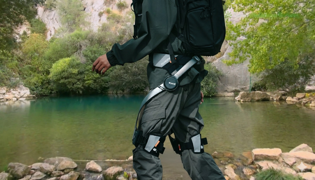 Senderista con exoesqueleto junto a las aguas turquesas de la ruta a la Cueva del Gato